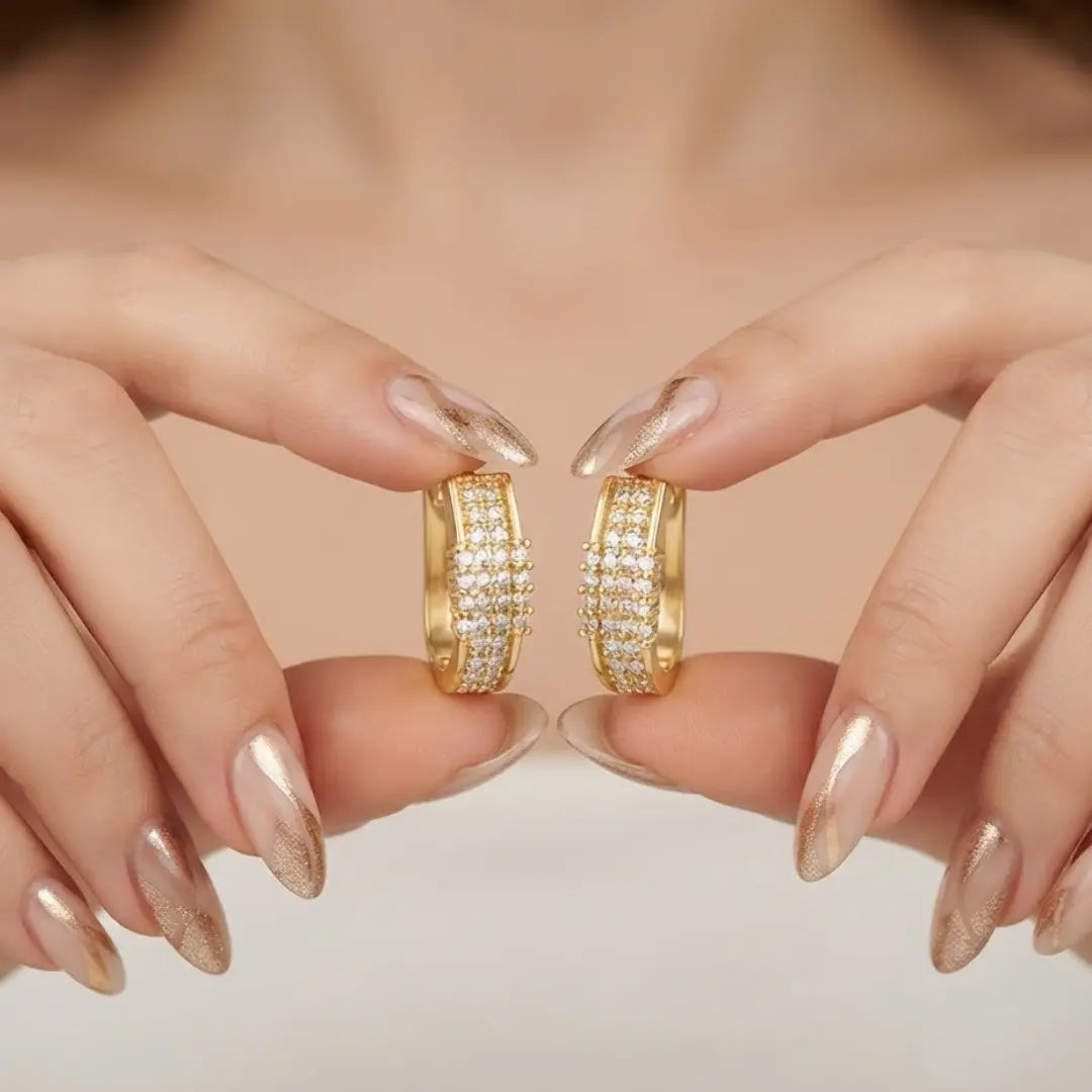 18K Gold Filled Reversible Triple-Row Pavé CZ Huggie Earrings – 18mm 2-in-1 Oval Hoop Earrings for Women